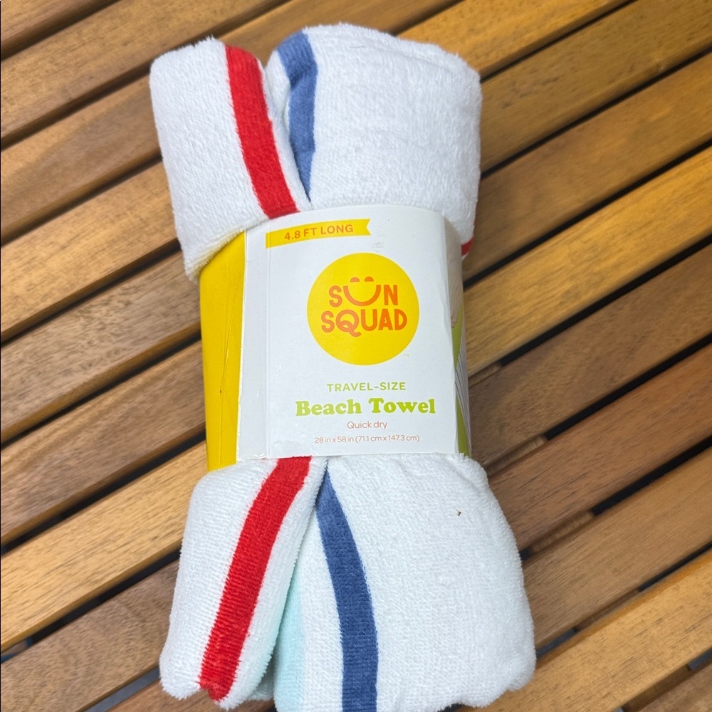 Travel-Size Beach Towel - White with Red and Blue Stripes - Picture 1 of 3